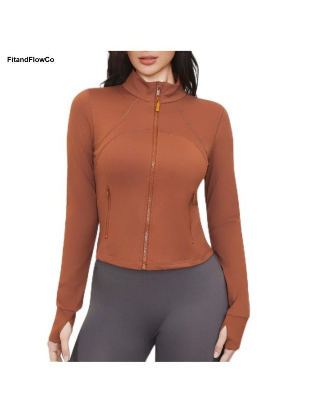 Women's Cropped Zip Up Athletic Jacket Thumb Holes Slim Fit Lightweight